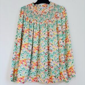 LOFT Boho Yellow Green Floral pink long sleeve mock neck pleated retro blouse XL